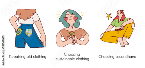 Eco friendly lifestyle and protecting the environment - set of business concept illustrations. Clothing repairing, choosing secondhand. Visual stories collection