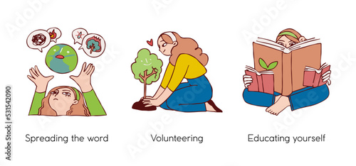 Eco friendly lifestyle and protecting the environment - set of business concept illustrations. Spreading the word, Volunteering, Educating yourself. Visual stories collection