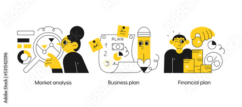 Startup and building new business - set of business concept illustrations. Market analysis, Business plan, Financial plan. Visual stories collection