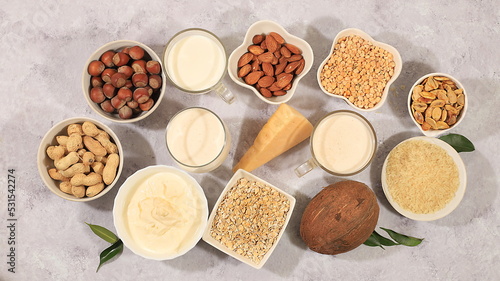 Assortment of vegan non-dairy products on a concrete table, shop banner, plant-based alternative dairy products - milk, cream, yogurt, cheese, nuts, rice, oatmeal, lentils,