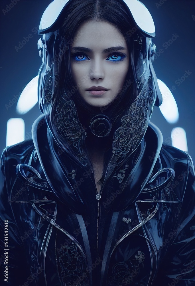 A cyberpunk portrait of an attractive woman in the unusual clothing of the  future. Fashion of the future and the cyberpunk concept. 3D rendering  Illustration Stock | Adobe Stock