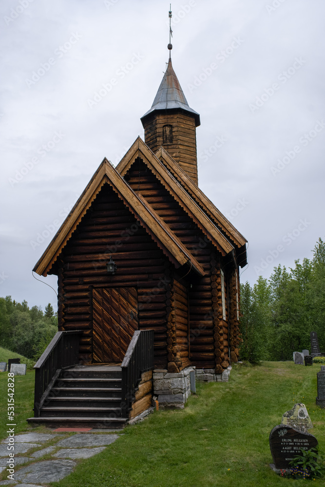 Sollia, Norway - June 21, 2022: Sollia Church is a parish church of the Church of Norway. In Stor-Elvdal municipality. Innlandet. Cloudy summer day. Selective focus