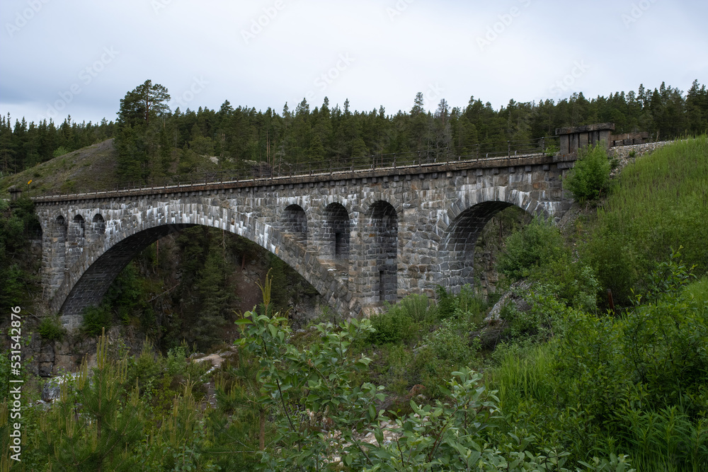 Dombas, Norway - June 22, 2022: Jora Bru is a railway bridge on the Rauma Railway over the river Jora. Innlandet. Norge. It is a stone arch bridge. Selective focus.