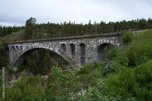 Dombas, Norway - June 22, 2022: Jora Bru is a railway bridge on the Rauma Railway over the river Jora. Innlandet. Norge. It is a stone arch bridge. Selective focus.