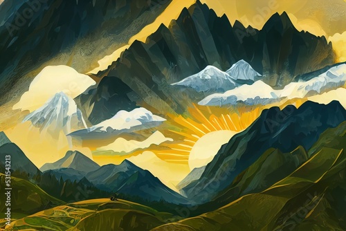 Sun rays and clouds in mountains of Magana valley, Egrisi mountains, Svaneti, Georgia, toon style, cartoon style photo