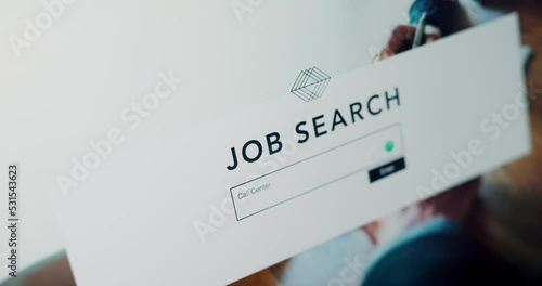 Laptop or computer screen career search on job website online or contact us for unemployed job seeker searching for vacancy. Internet employment or search engine on the web with tech on desktop pc
