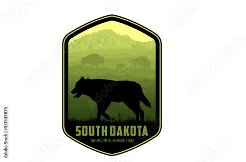 Photography South Dakota vector label with coyote and a family of bison on the prairie