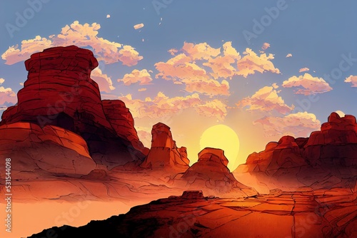 Red rocks at sunset in the canyon, Mountain rocks in canyon desert, Mountain rocks in sunlight, Mountain rocks panorama anime style, cartoon style toon style