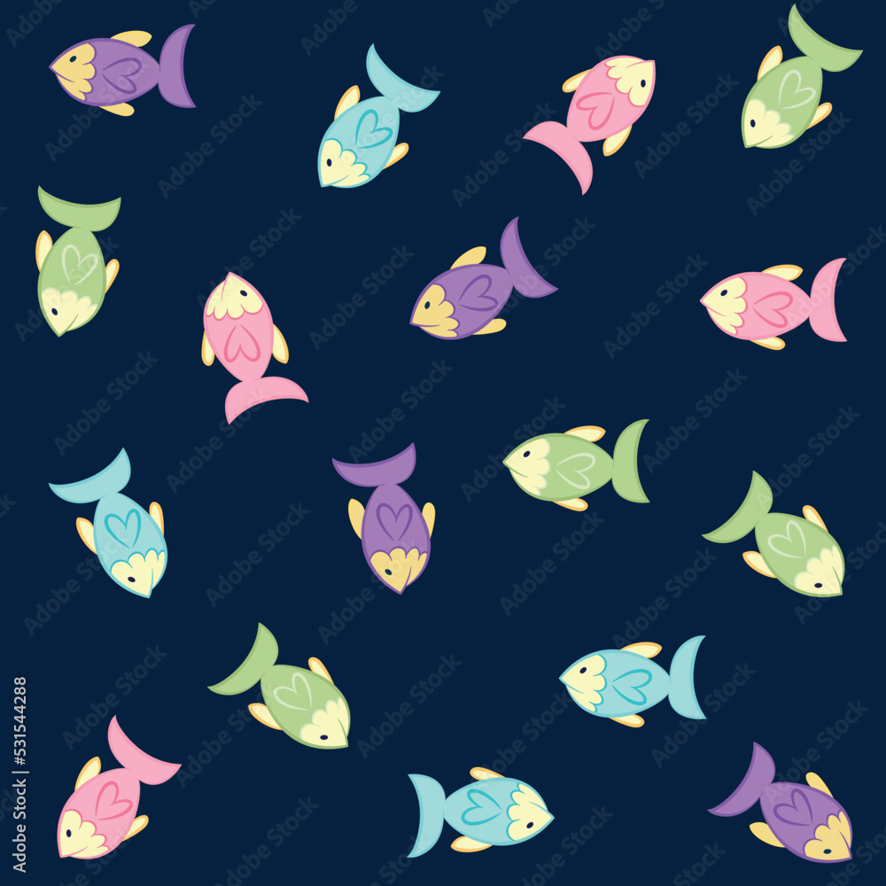 Pattern fabric cute fish with colors, and navy background, kids and babies design. Pattern fabric cute fish with colors, and navy background, kids and babies design.