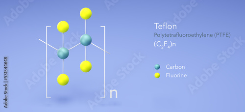 Foto teflon, molecular structures, polytetrafluoroethylene, ball and stick model 3d,