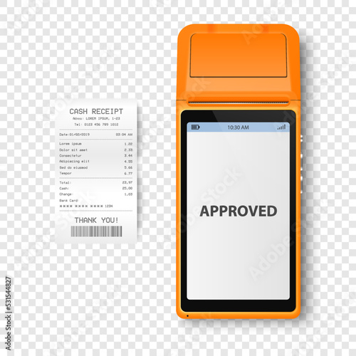 Vector 3d NFC Payment Machine with Approved Status, Paper Check, Receipt Isolated. Wi-fi, Wireless Payment. POS Terminal, Machine Design Template of Bank Payment Contactless Terminal, Mockup. Top VIew