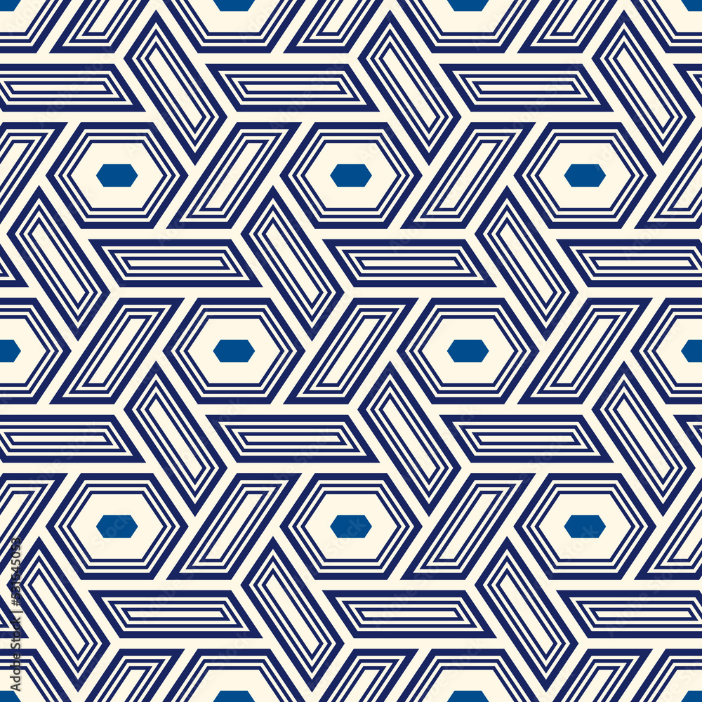 Hexagonal seamless pattern. Mosaic tiles. Geometrical wallpaper. Honeycomb print. Ethnic ornament illustration. Wicker background. Flooring image. Digital paper. Geometric backdrop. Ethnical vector