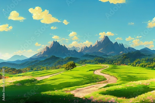 Scenic view from sunlit grassy hill with dirt road to high mountain range, Beautiful sunny mountain landscape with large mountains, Colorful scenery with hill in sunlight against awesome mountains, an