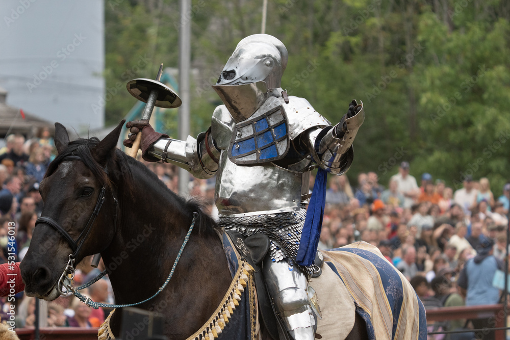 unknown knight in a suit of armor is riding on a horse and ready for ...