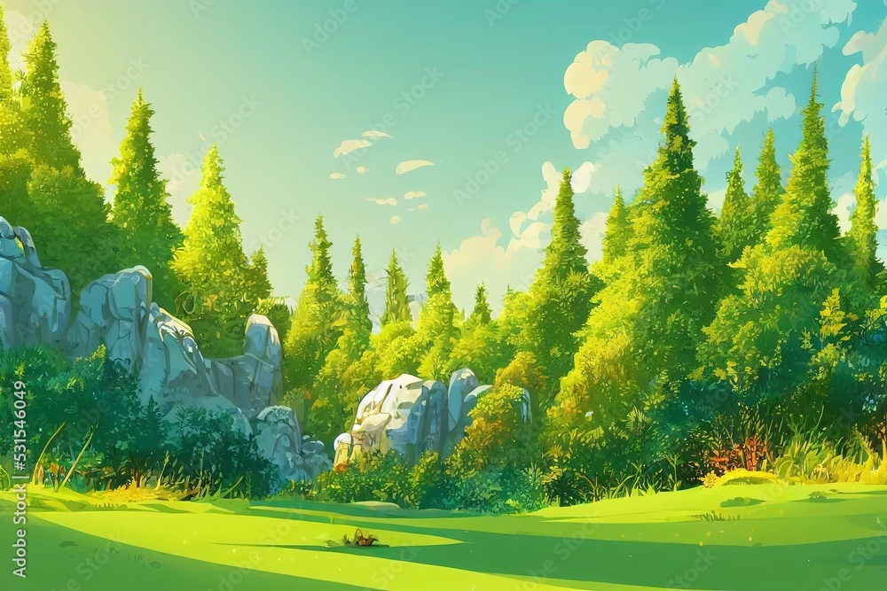 Cartoon forest background, nature landscape with deciduous trees, moss ...
