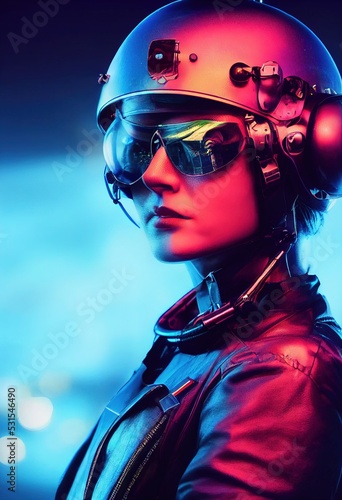 Portrait of a fictional futuristic female pilot in an aviation helmet and pilot's suit, against a background of neon lights Fototapet
