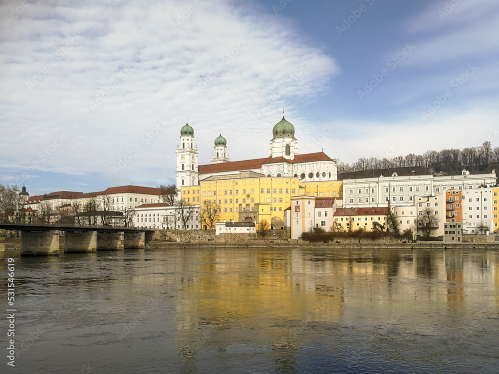 scenic view to old town of Passau with river Danube