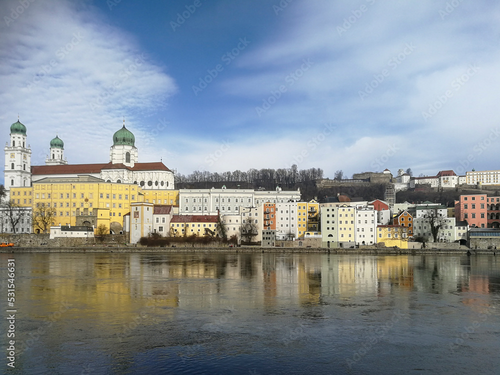 scenic view to old town of Passau with river Danube