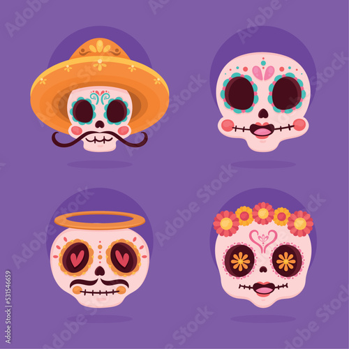 four dia de los muertos skulls
