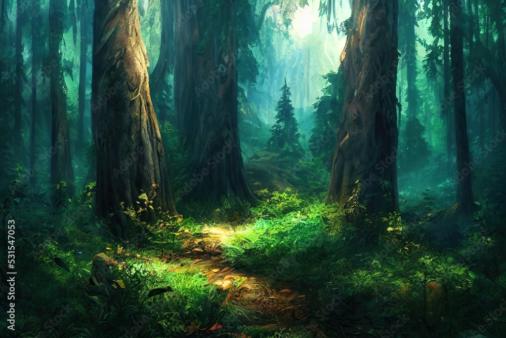 Deep Forest. Fantasy Backdrop. Concept Art. Realistic Illustration. Video Game Digital CG Artwork Background. Nature Scenery., anime style, style, toon,