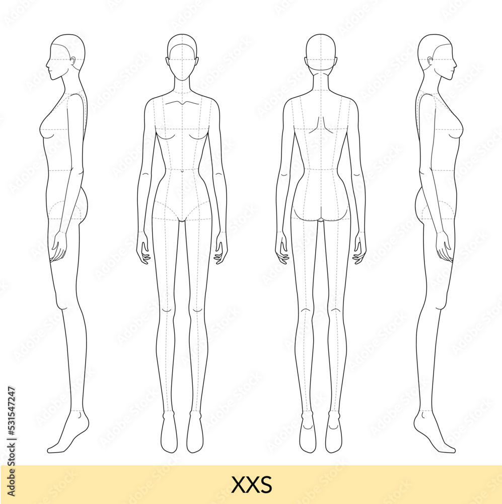 Set of XXS size Women Fashion template 9 nine head size Croquis Lady ...