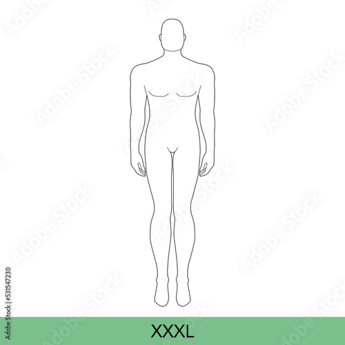 Set of XXXL Men Fashion template extra large 9 nine head size Croquis oversize Gentlemen model Curvy body figure front view. Vector outline boy for Fashion Design, Illustration, technical drawing