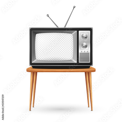 Vector 3d Realistic Retro TV Receiver on a Wooden Table Stand Closeup Isolated on White. Vintage TV Set with Transparent Screen. Television, Front View