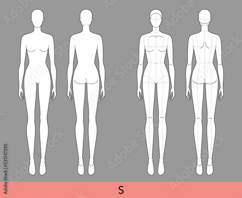 Set of S Size Women Fashion template 9 nine head Croquis Lady skinny body with and without main lines figure front, back view. Vector isolated sketch outline girl for Illustration, technical drawing