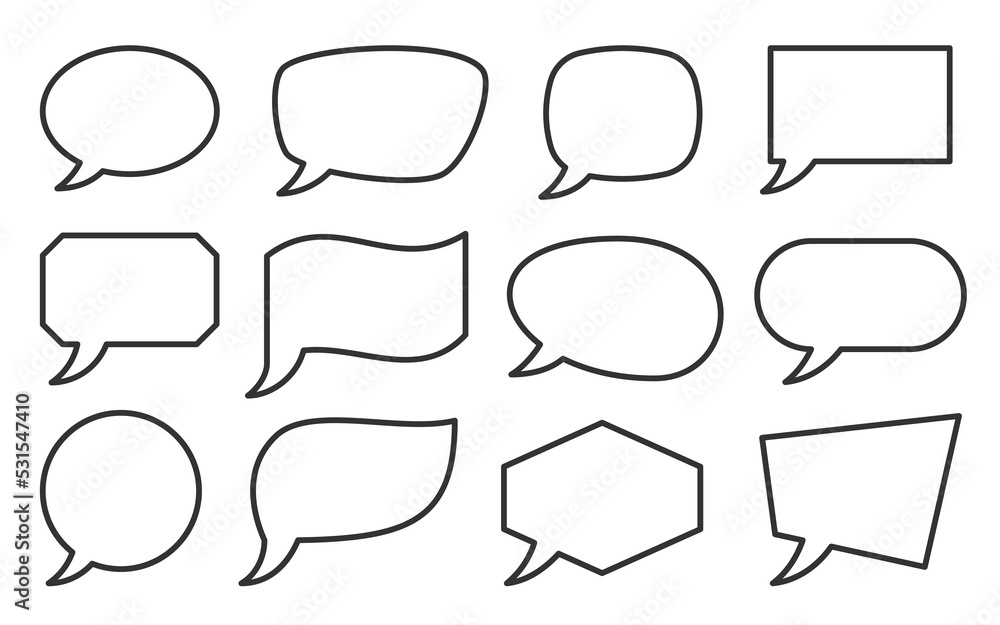 Obraz premium Speech bubble banner set, line style. Different abstract geometric shape, cloud, balloon. Blank linear speak sign for text, chat, message, communication, talk, dialog. Empty label template, frame