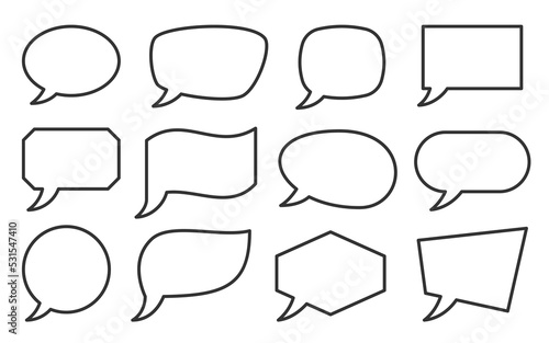 Speech bubble banner set, line style. Different abstract geometric shape, cloud, balloon. Blank linear speak sign for text, chat, message, communication, talk, dialog. Empty label template, frame