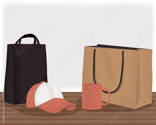 shopping bags and sport cap