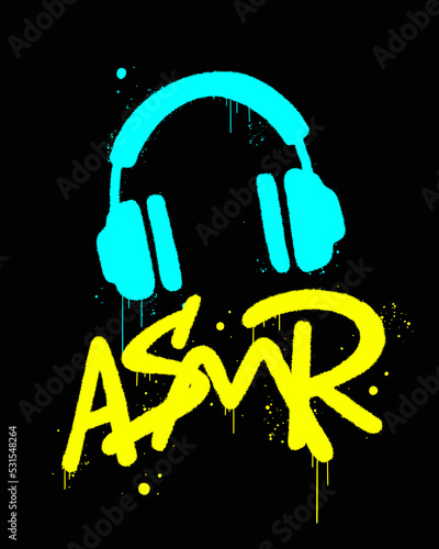 Urban street graffiti. Headphones icon. Concept of asmr artist and content. Vector logo for podcast, blog. Artwork for street wear, pins, patchworks, tee, bomber jackets, hoodie. Y2k grunge style.