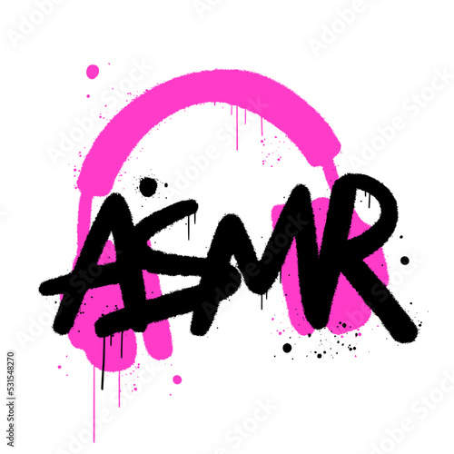 Urban street graffiti. Pink headphones icon. Concept of asmr artist and content. Vector logo for podcast, blog. Artwork for street wear, pins, patchworks, tee, bomber jackets, hoodie. 2k grunge style.