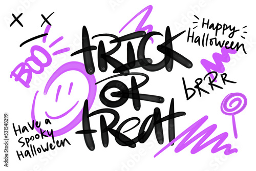 Urban typography street art graffiti. Trick or treat slogan with spray splash effect. Halloween party concept. Print for graphic tee t shirt or sweatshirt. 1980s-1990s vintage style.