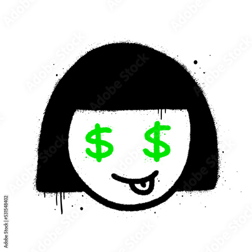 Urban street style. Graffiti Girl with green dollar eyes. Splash effects and drop, white background. Print for graphic tee, sweatshirt. Concept for avatar, story, social media.