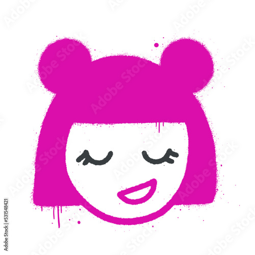 Urban street style. Graffiti Girl with pink hair buns. Splash effects, drop, leaking. White background. Artwork for street wear, pins, patchworks, tee, bomber jackets, hoodie. Y2k style.