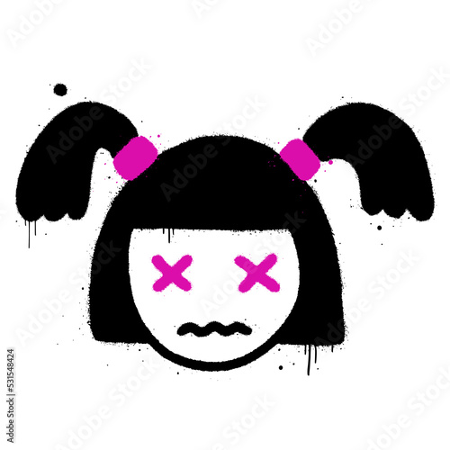 Vector illustration. Urban street graffiti style. Girl with dead eyes, black hair. Splash effects and drop, white background. Print for graphic tee, sweatshirt, social media. Concept for avatar.