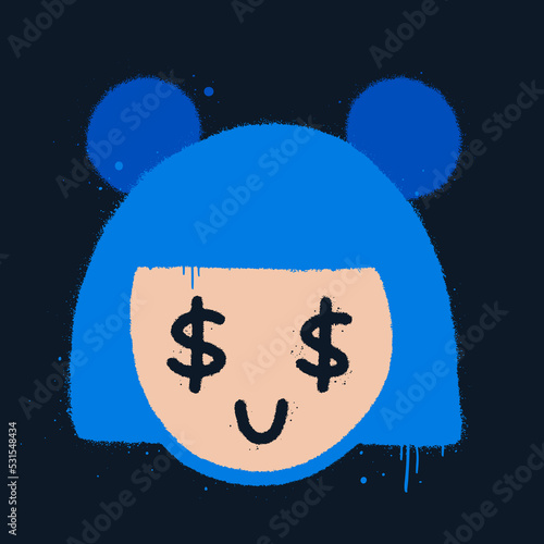 Vector illustration. Urban street graffiti style. Girl with dollar eyes, blue hair with buns. Splash effects and drop, black background. Print for graphic tee, sweatshirt. Concept for avatar, ig story