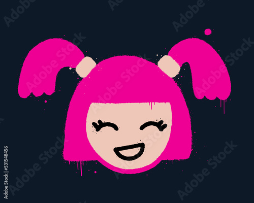 Urban street style. Graffiti Girl with pink hair tails. Splash effects, drop, leaking. Black background. Artwork for street wear, pins, patchworks, tee, bomber jackets, hoodie. Girly 1990s style.
