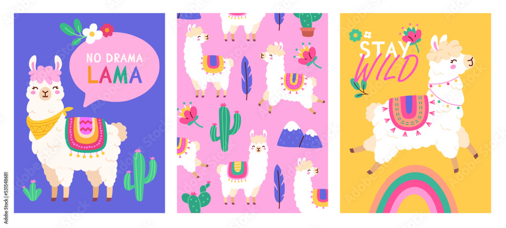 Fototapeta premium Set of bright posters with cute llamas. Banners with beautiful attractive alpacas, inscriptions and cacti. Design elements for postcards, covers and printing on fabric. Cartoon flat vector collection