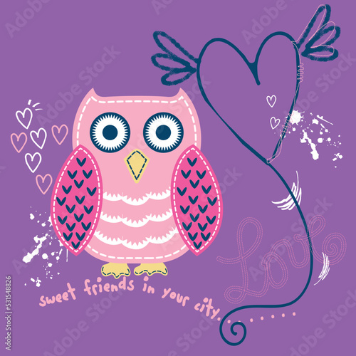 Illustration vector cute owl with text, cool story with friends. winter style.