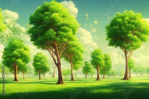 Green trees isolated on white background. Forest and foliage in summer. Row of trees and shrubs.  anime style  style  toon 