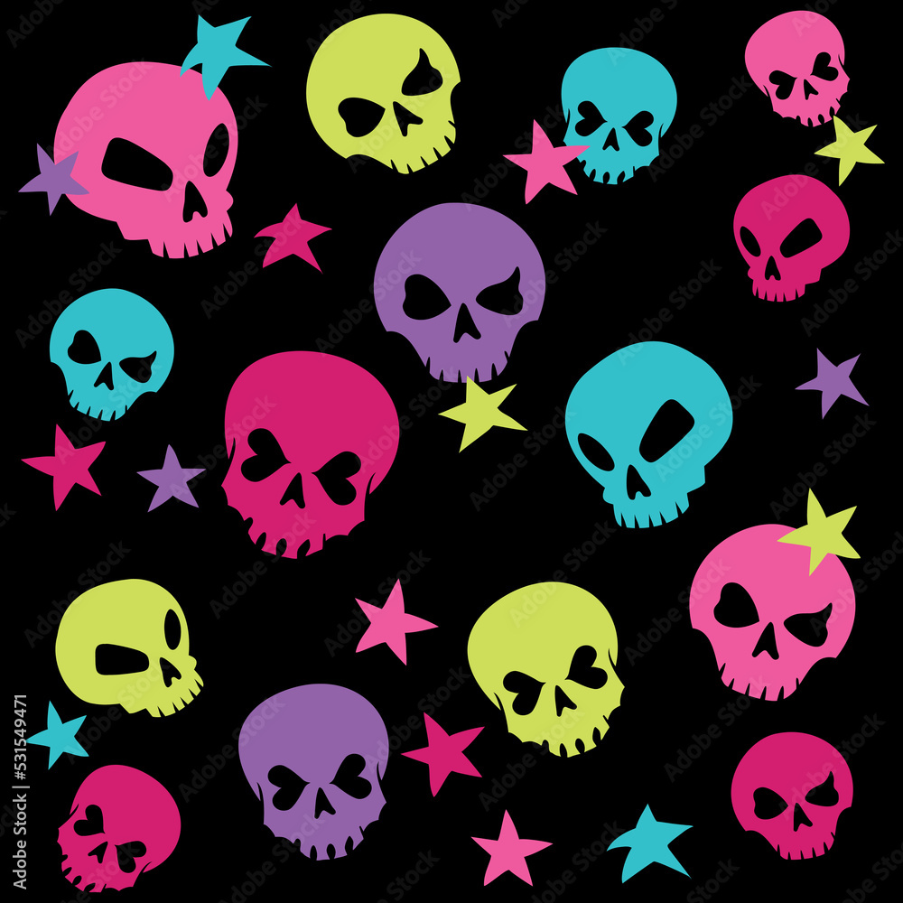 Pattern fabric skull with stars, and colors black background halloween celebration. Pattern fabric skull with stars, and colors black background halloween celebration.