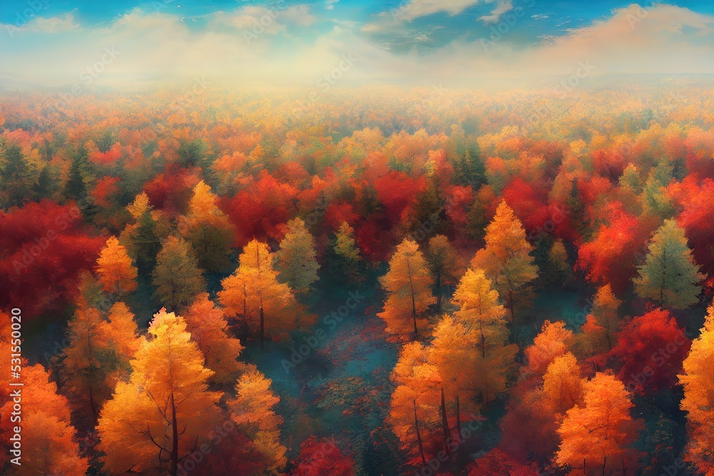 Autumn forest aerial drone view, anime style, style, toon,