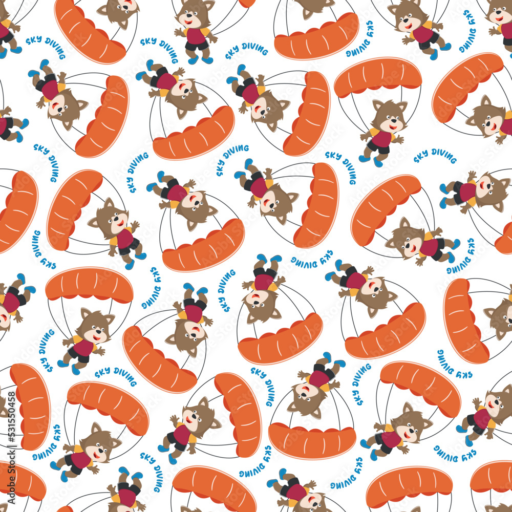 Seamless vector pattern of a cute fox flying with a parachute. Design ...