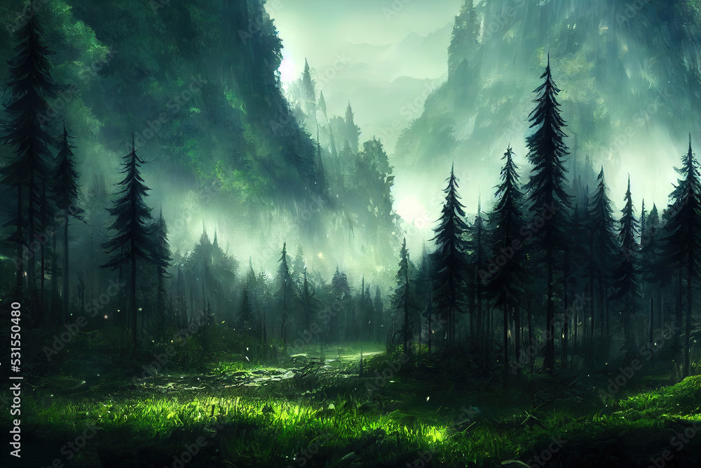 dark forest panorama fantasy landscape, anime style, style, toon, Stock  Illustration