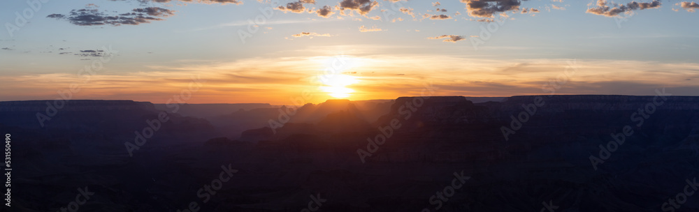 Desert Rocky Mountain American Landscape. Cloudy Sunny Sunset Sky