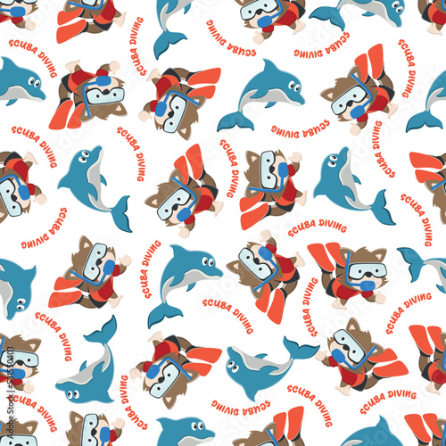 Seamless pattern texture with little bear and dolphine swim in underwater. For fabric textile, nursery, baby clothes, background, textile, wrapping paper and other decoration.