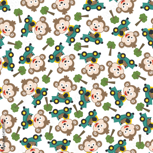 Seamless pattern of funny monkey driving car in the road. Creative vector childish background for fabric, textile, nursery wallpaper, poster, card, brochure. and other decoration.