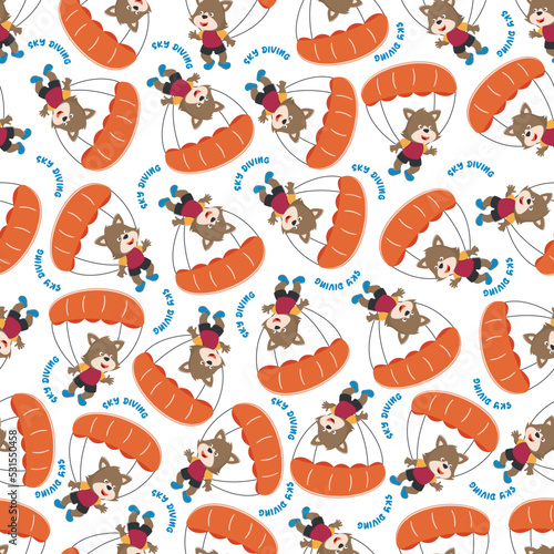 Seamless vector pattern of a cute fox flying with a parachute. Design concept for kids textile print, nursery wallpaper, wrapping paper. Cute funny background.